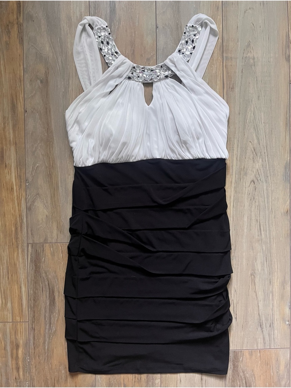 City Studio Two-Tone White & Black Embellished Halter Mini Dress